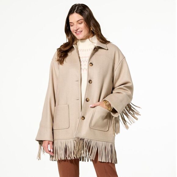 TWRHLL by Christie Brinkley Brushed Faux Melton Jacket with Fringe Tan NEW 2XL - Picture 1 of 8